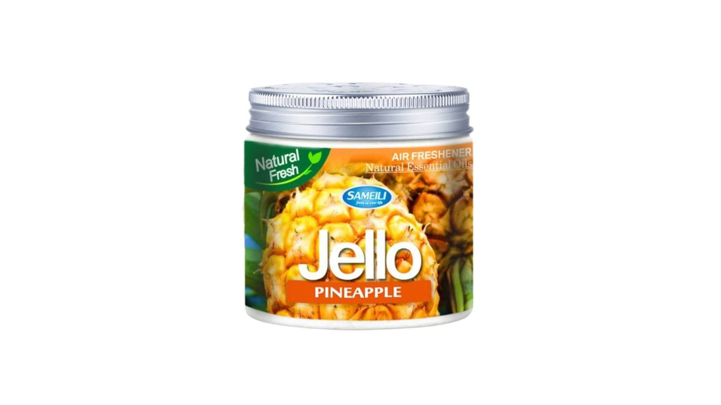 Jello air freshener can with a pineapple on the label against a white background