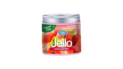 Jello air freshener can with strawberries on the label against a white background.