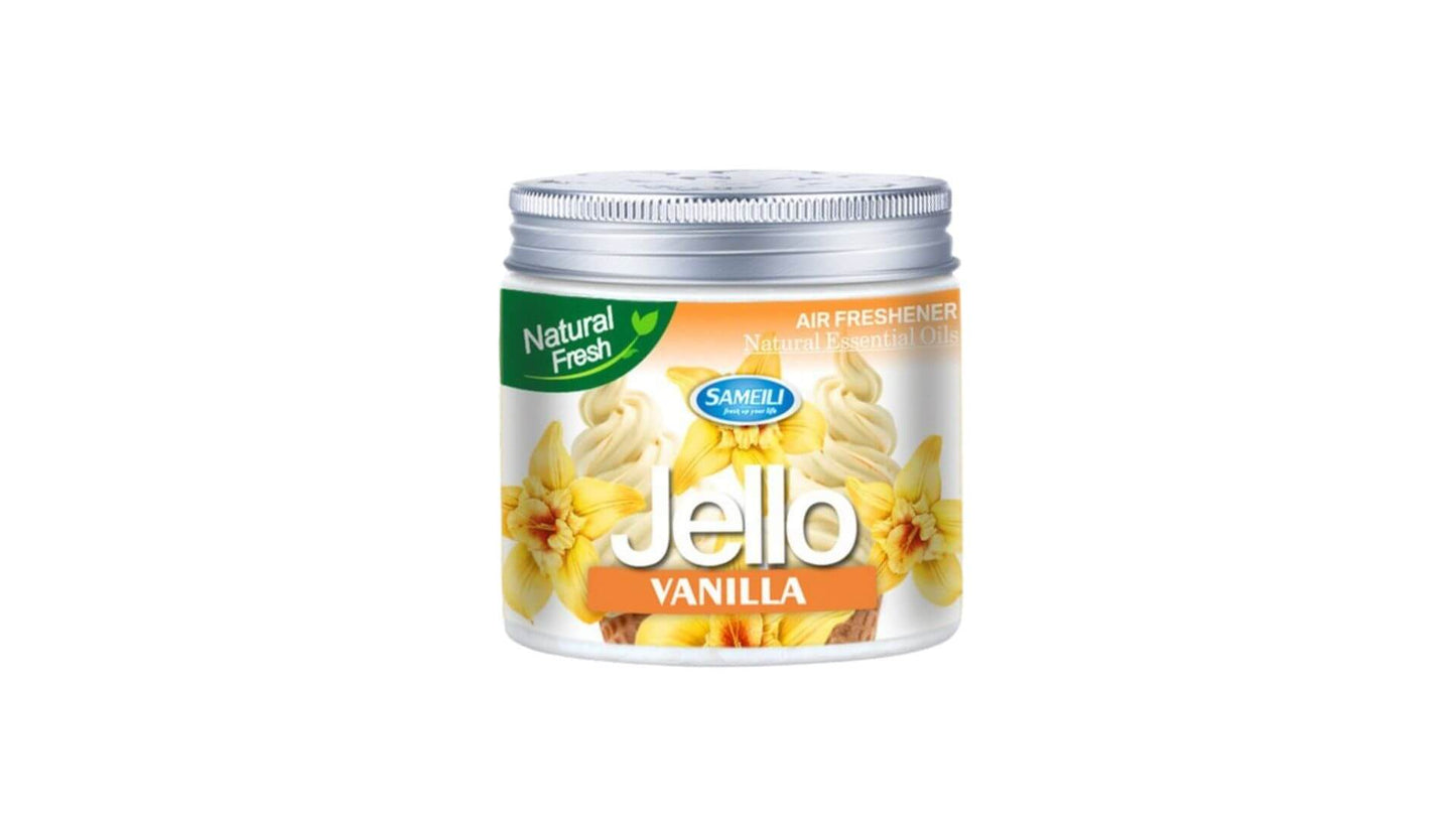 Jello air freshener can with vanilla on the label against a white background