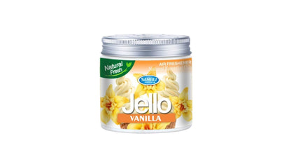 Jello air freshener can with vanilla on the label against a white background