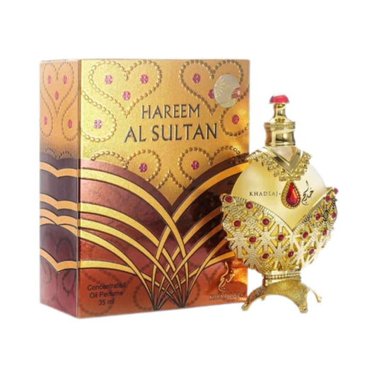 Hareem Al Sultan Khandala 35ml concentrated perfume oil bottle next to its gold and brown patterned packaging box, on a white background.