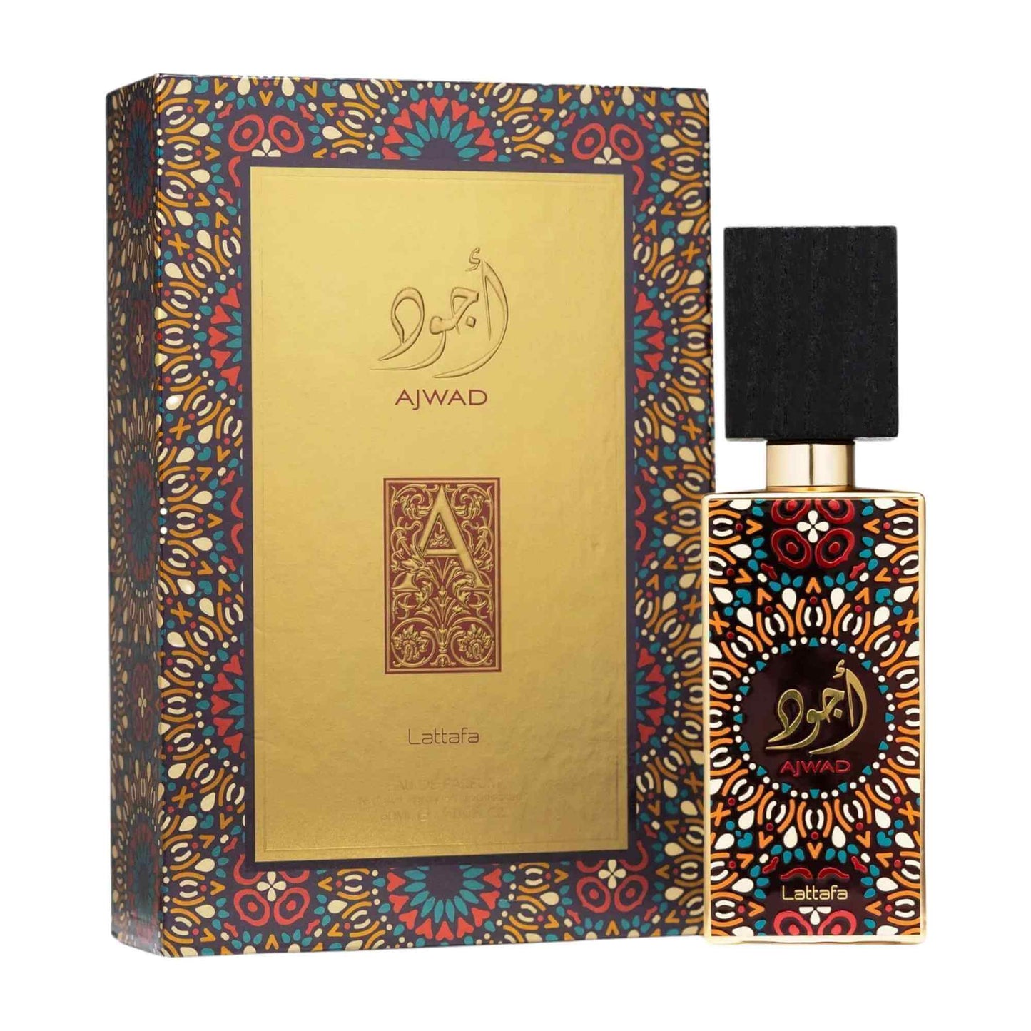 A bottle of Ajwad Lattafa perfume next to its ornate packaging box. The bottle has a black cap and a gold-toned body decorated with intricate multicolor geometric patterns, while the box features a large gold center panel framed by the same detailed border.