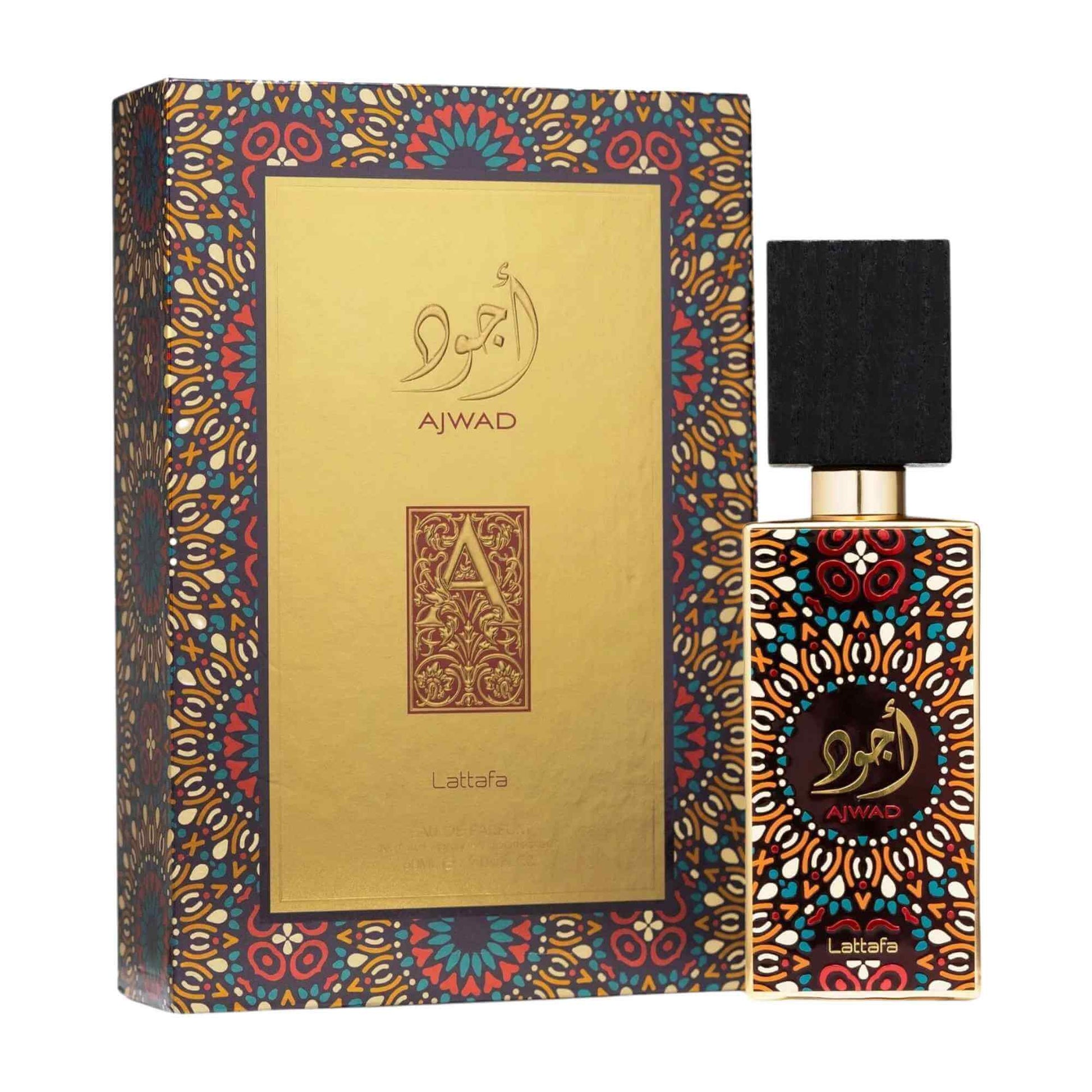 A bottle of Ajwad Lattafa perfume next to its ornate packaging box. The bottle has a black cap and a gold-toned body decorated with intricate multicolor geometric patterns, while the box features a large gold center panel framed by the same detailed border.