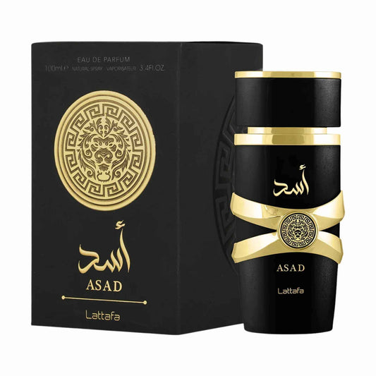 Black Lataffa perfume box and bottle with gold design and 'Asad' branding on a white background.