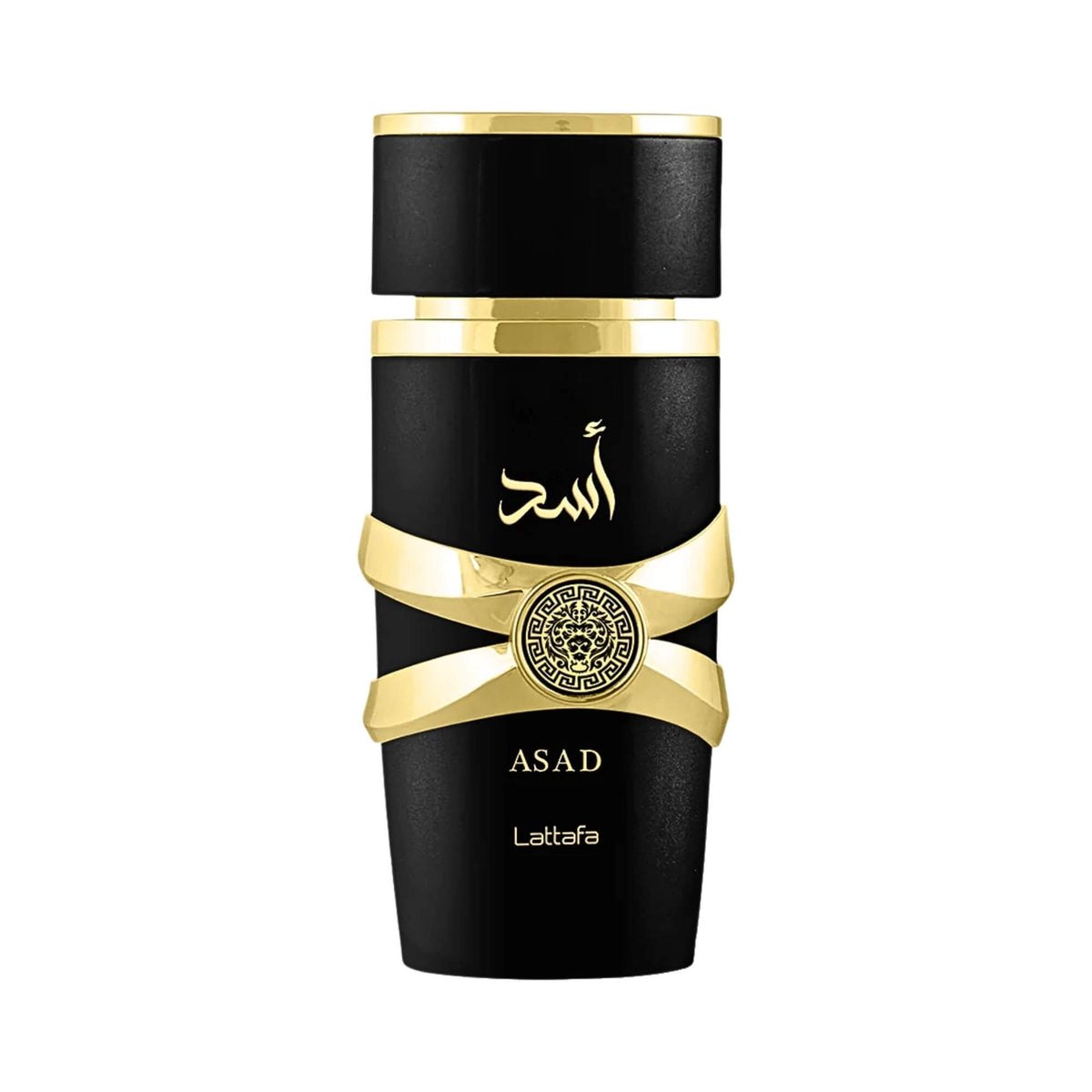 Lattafa perfume bottle with gold ribbon and 'Asad' branding on a white background.