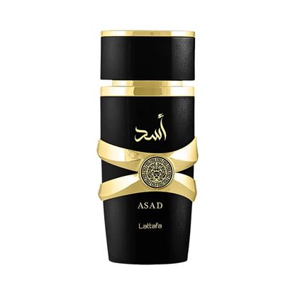 Lattafa perfume bottle with gold ribbon and 'Asad' branding on a white background.