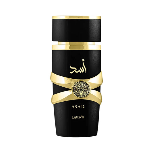 Lattafa perfume bottle with gold ribbon and 'Asad' branding on a white background.