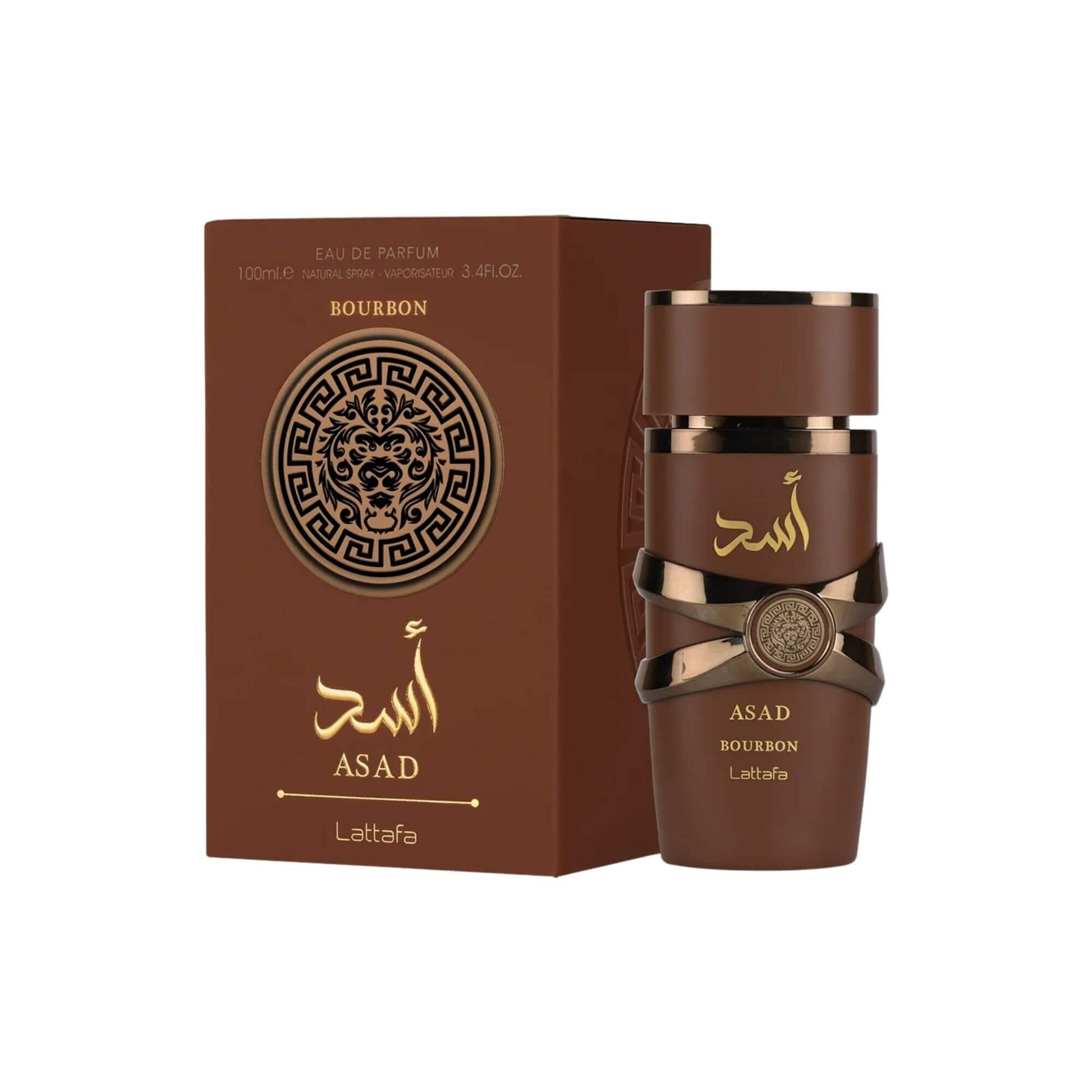 Brown Lattafa Asad Bourbon perfume bottle and packaging with gold accents on a white background.