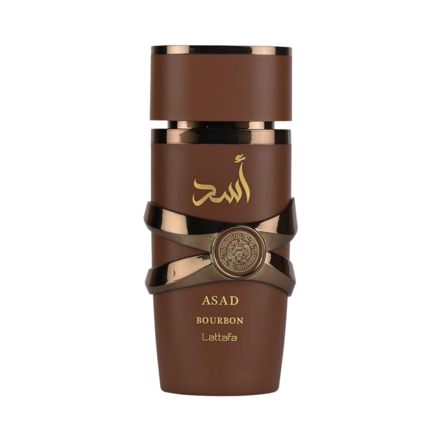 Lattafa Asad Bourbon bottle on a white background.