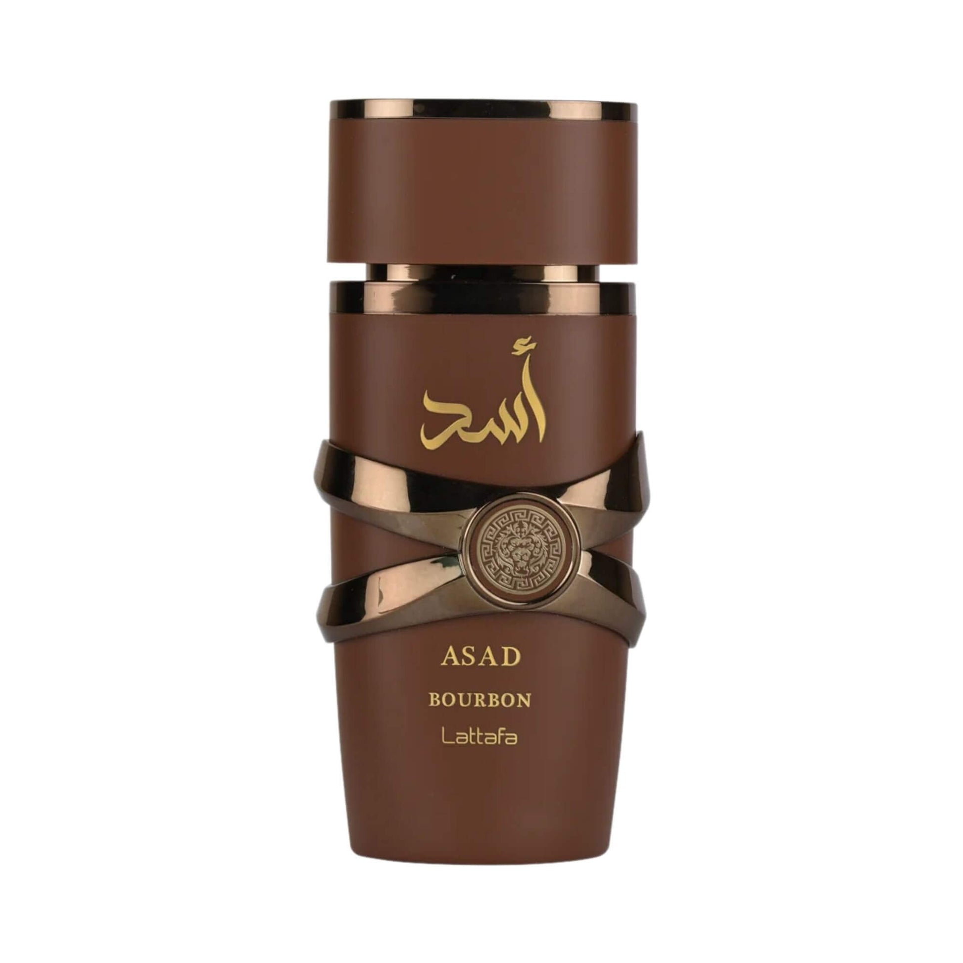 Lattafa Asad Bourbon bottle on a white background.