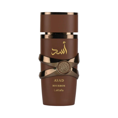 Lattafa Asad Bourbon bottle on a white background.