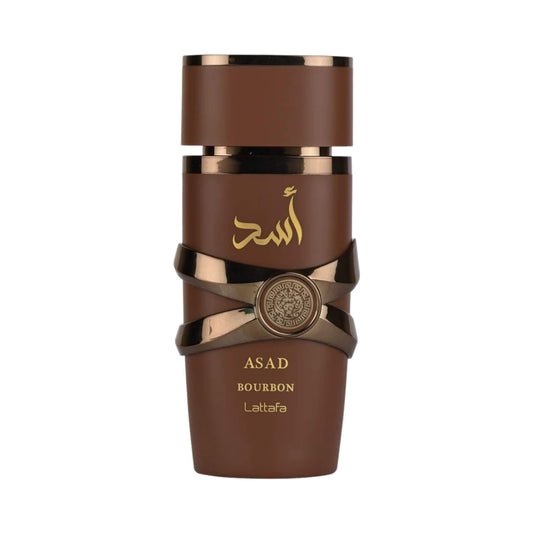 Lattafa Asad Bourbon bottle on a white background.