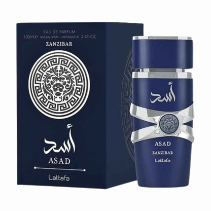 Blue bottle of Lattafa Asad Zanzibar with silver ribbon design alongside its packaging on a white background.