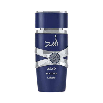 Blue bottle of Lattafa Asad Zanzibar with silver ribbon design on a white background.