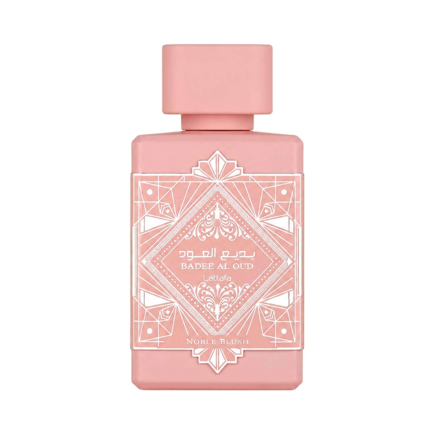 A rectangular pink perfume bottle with a matching pink cap, featuring white geometric and ornamental label detailing. The label reads 'Badee Al Qud' and 'Noble Blush'.
