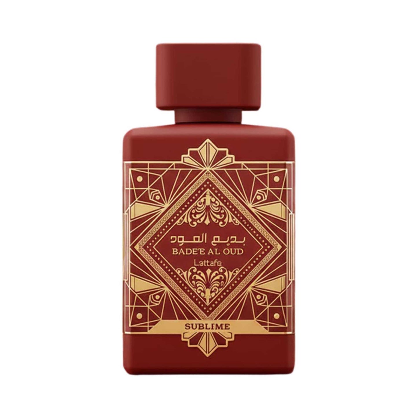 A red bottle of Lattafa Badee Al Oud Sublime perfume bottle decorated with gold geometric patterns and featuring Arabic text.