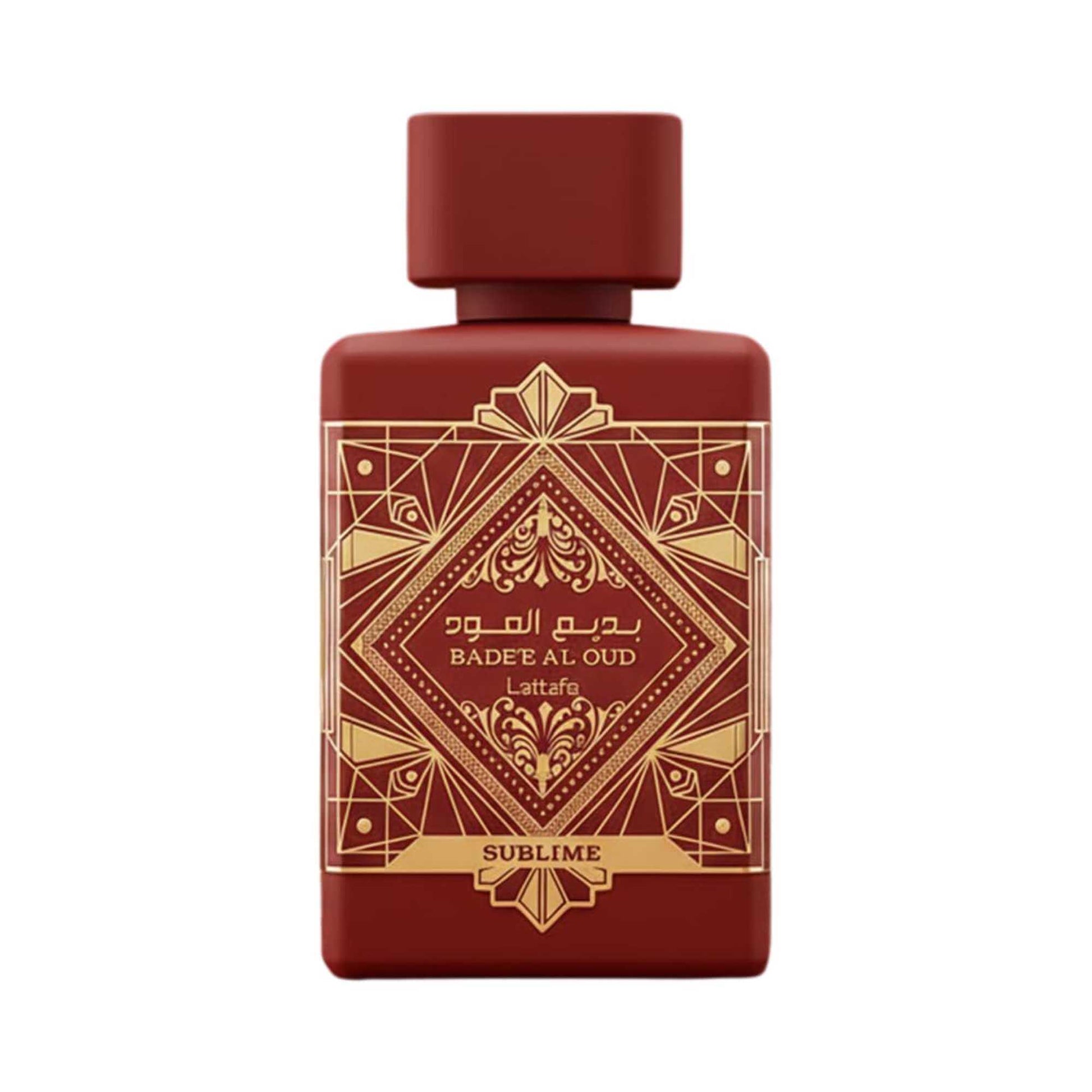 A red bottle of Lattafa Badee Al Oud Sublime perfume bottle decorated with gold geometric patterns and featuring Arabic text.