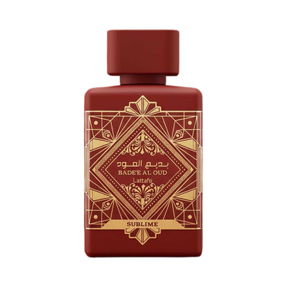 A red bottle of Lattafa Badee Al Oud Sublime perfume bottle decorated with gold geometric patterns and featuring Arabic text.