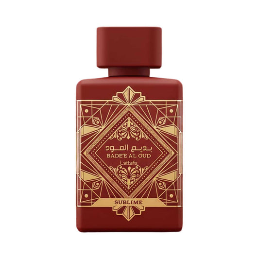A red bottle of Lattafa Badee Al Oud Sublime perfume bottle decorated with gold geometric patterns and featuring Arabic text.