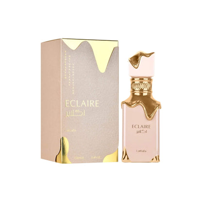 Lattafa Eclaire perfume bottle and packaging on a white background.