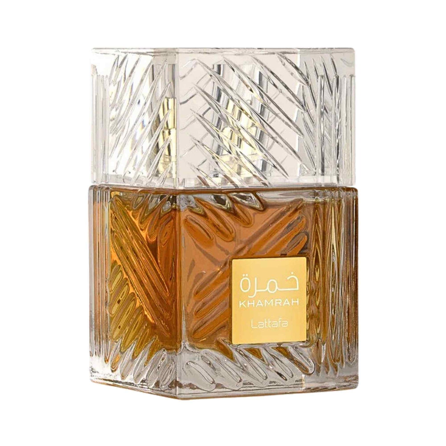 Bottle of Lattafa Khamrah Eau de Parfum on a white background.