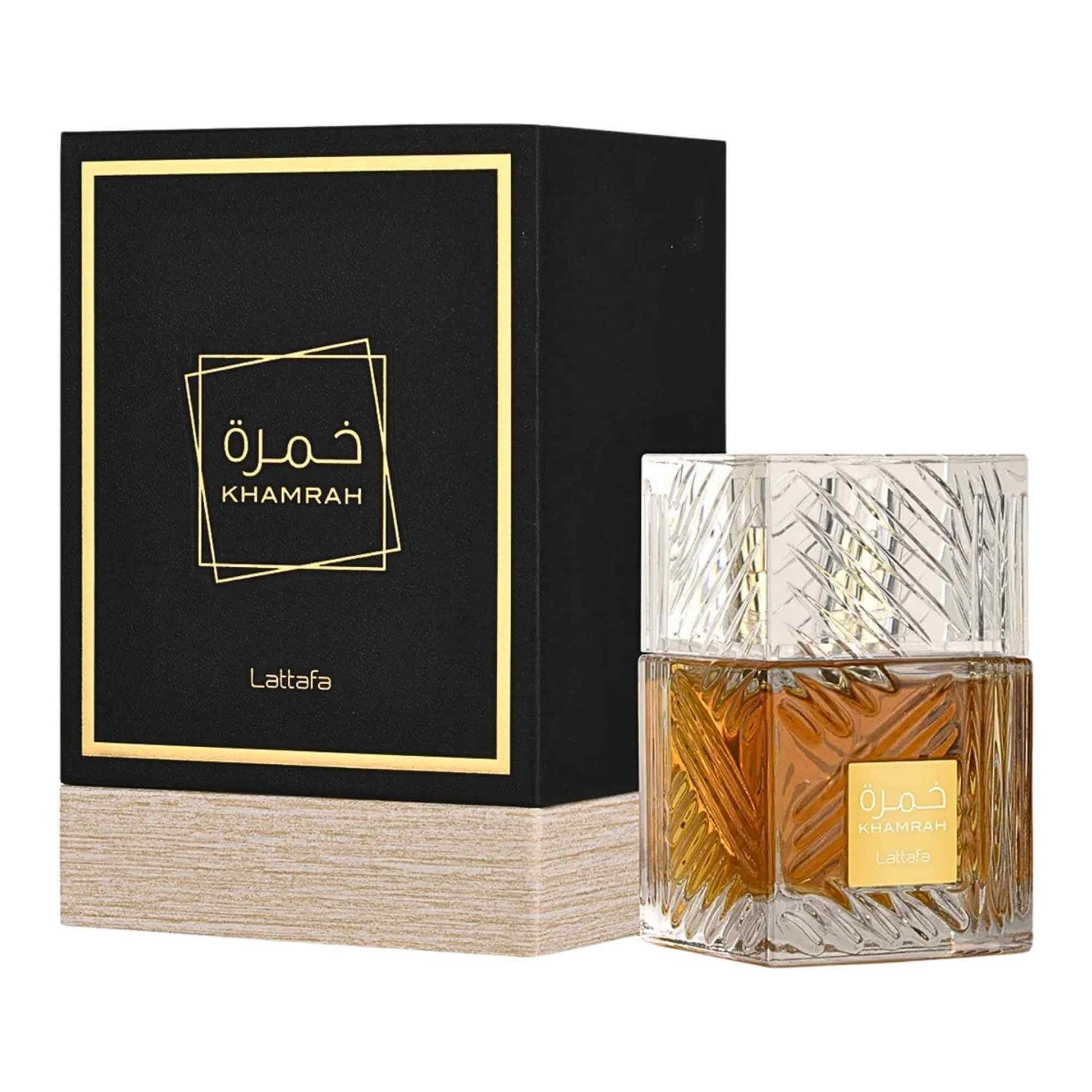 Lattafa Khamrah perfume bottle with black packaging on a white background.