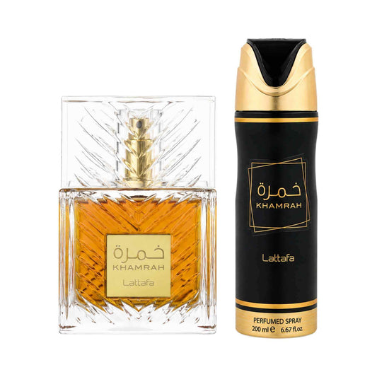 Image of perfume bottle next to a perfume spray bottle, both with Lattafa Khamrah branding.