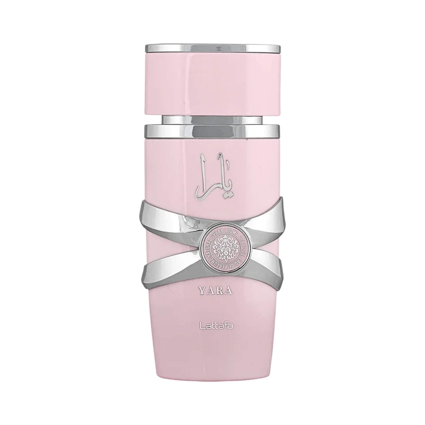 Lattafa Yara pink perfume bottle with silver design across it on a white background.