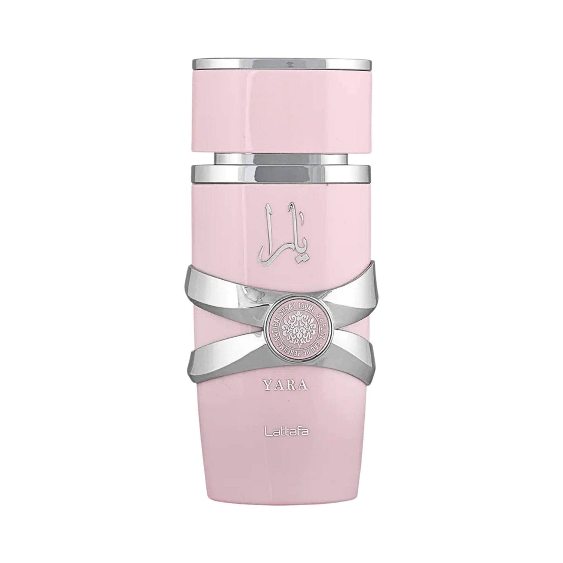 Lattafa Yara pink perfume bottle with silver design across it on a white background.
