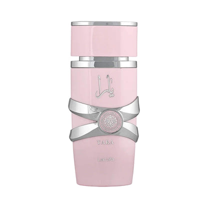 Lattafa Yara pink perfume bottle with silver design across it on a white background.
