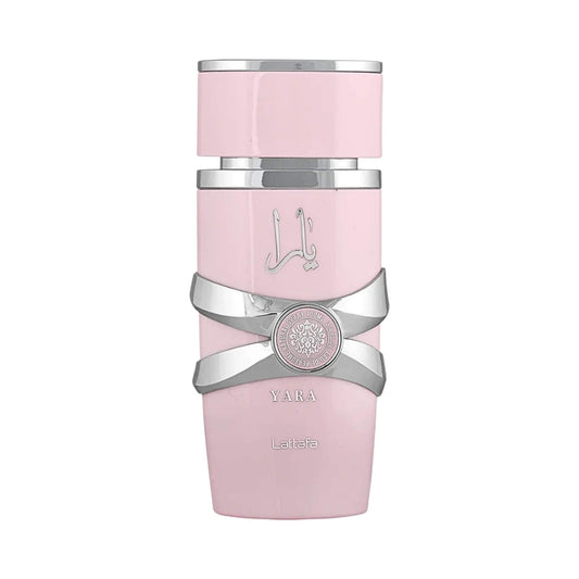 Lattafa Yara pink perfume bottle with silver design across it on a white background.