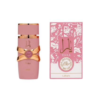 Lattafa Yara Elixir bottle with box on a white background. Amani Manor