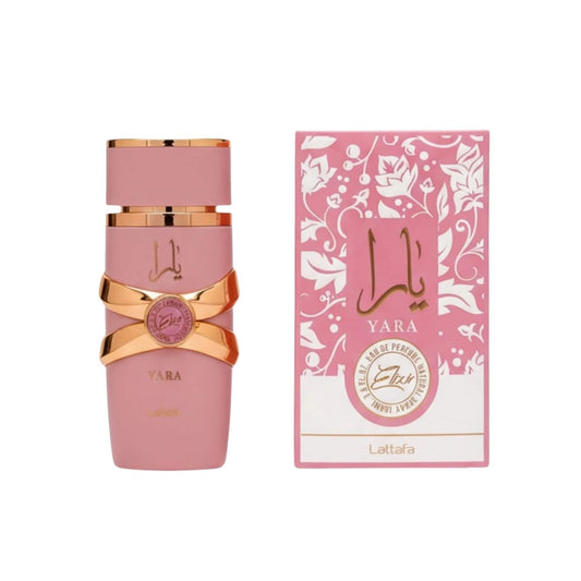Lattafa Yara Elixir bottle with box on a white background. Amani Manor