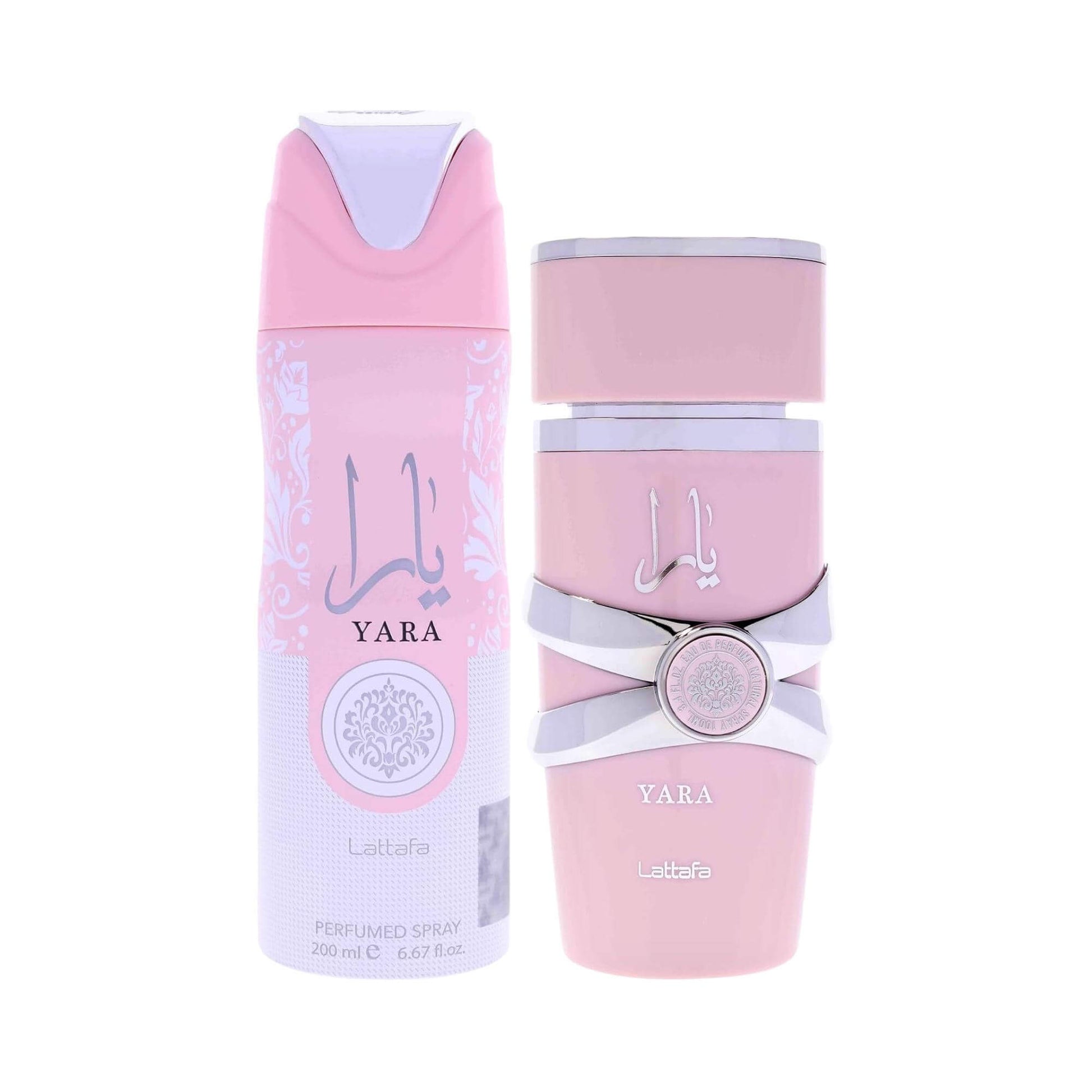 Lattafa Yara fragrance set featuring a 200ml perfumed body spray and matching eau de parfum bottle, both in soft pink packaging with silver ribbon detailing and Arabic calligraphy design
