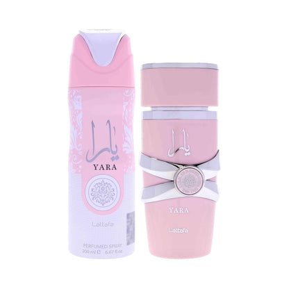 Lattafa Yara fragrance set featuring a 200ml perfumed body spray and matching eau de parfum bottle, both in soft pink packaging with silver ribbon detailing and Arabic calligraphy design