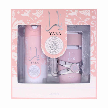 Pink and white Lattafa Yara gift set box with perfumed spray bottle and perfume bottle visible inside on a white background.