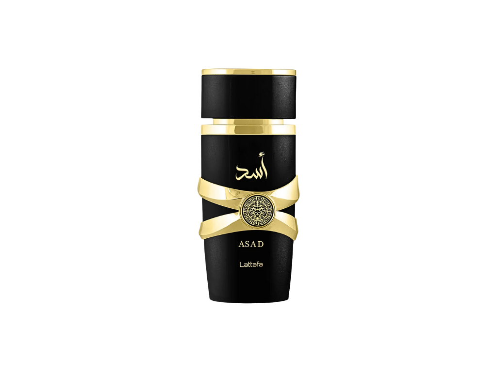 Black and gold perfume bottle with 'Asad' branding on a white background