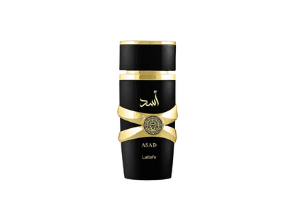Black and gold perfume bottle with 'Asad' branding on a white background