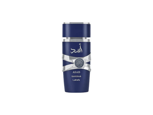 Lattafa Asad Zanzibar blue perfume bottle with silver design on a white background