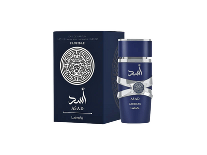 Zanzibar Asad perfume bottle and packaging on a white background