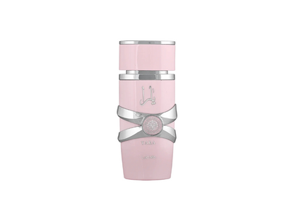 Pink and silver perfume bottle with a decorative bow on a white background