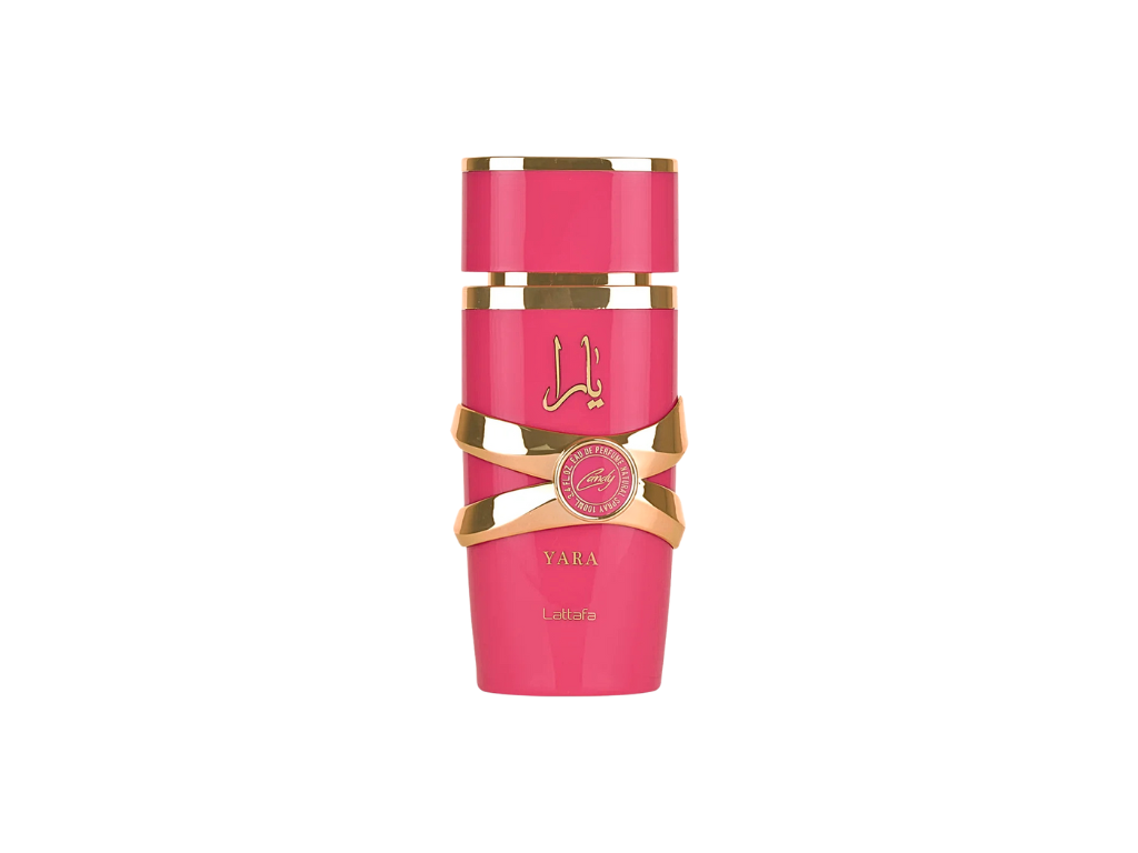 Pink Lattafa Yara Candy bottle with gold accents on a white background