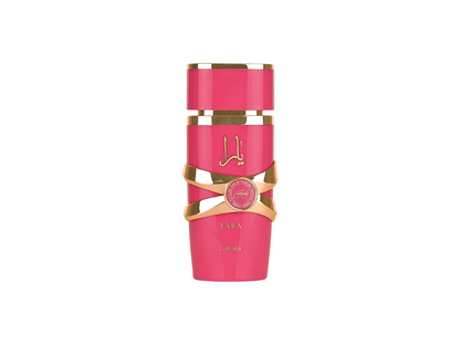 Pink Lattafa Yara Candy bottle with gold accents on a white background