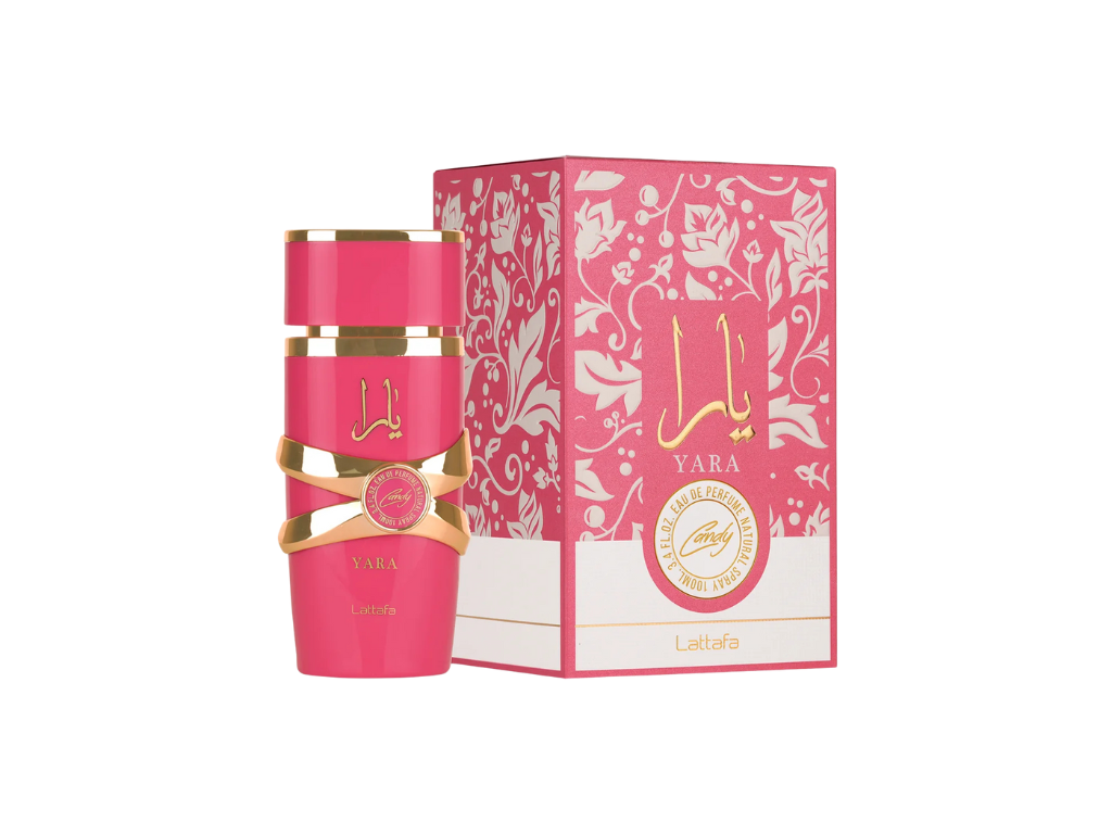 Pink perfume bottle and packaging with gold accents on a white background