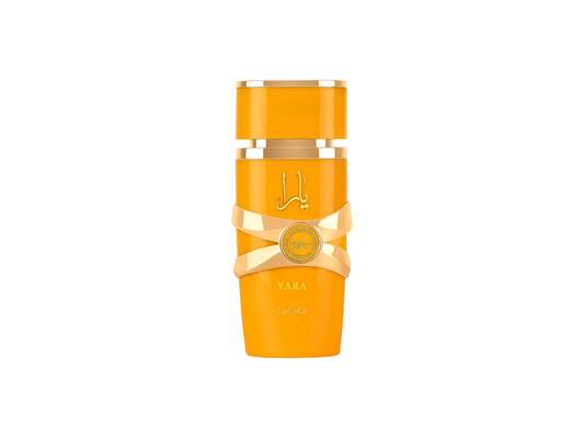 Orange perfume bottle with gold accents on a white background