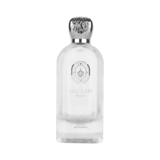 A frosted glass bottle of Delilah Blanc eau de parfum with a textured silver cap, shown against a plain white background.