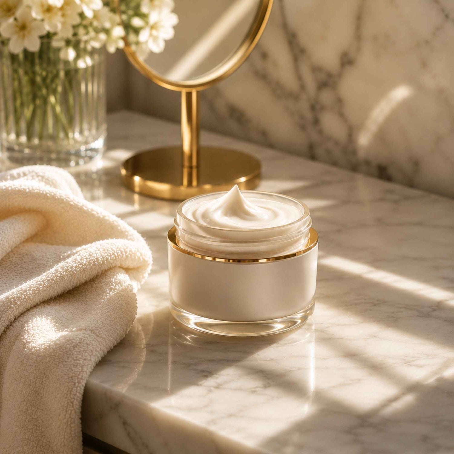 Luxury moisturizer cream on elegant marble vanity with soft towel and warm sunlight.