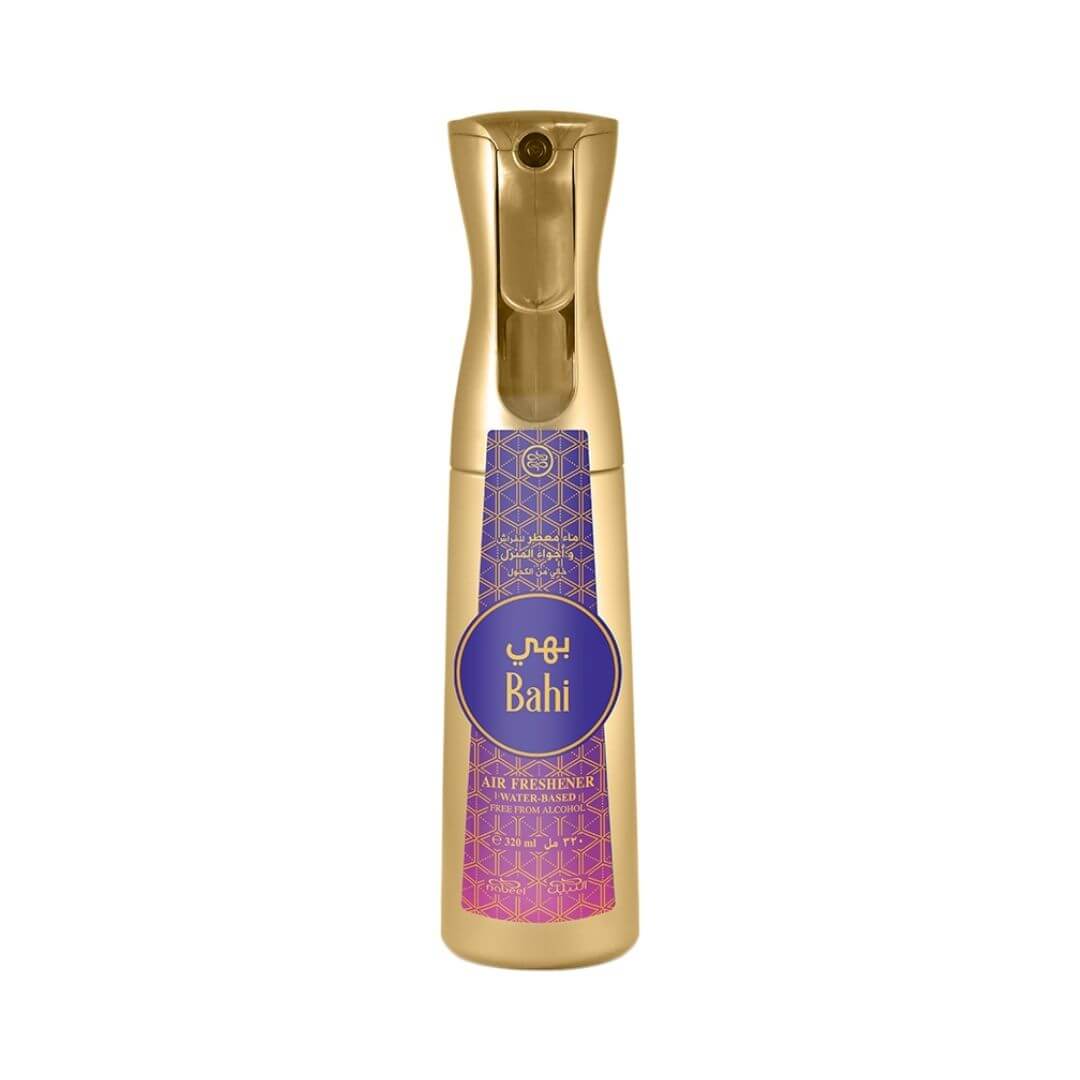 Gold air freshener bottle with pink and purple sticker that has Nabeel and Bahi branding on a white background.