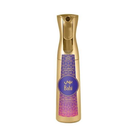 Gold air freshener bottle with pink and purple sticker that has Nabeel and Bahi branding on a white background.
