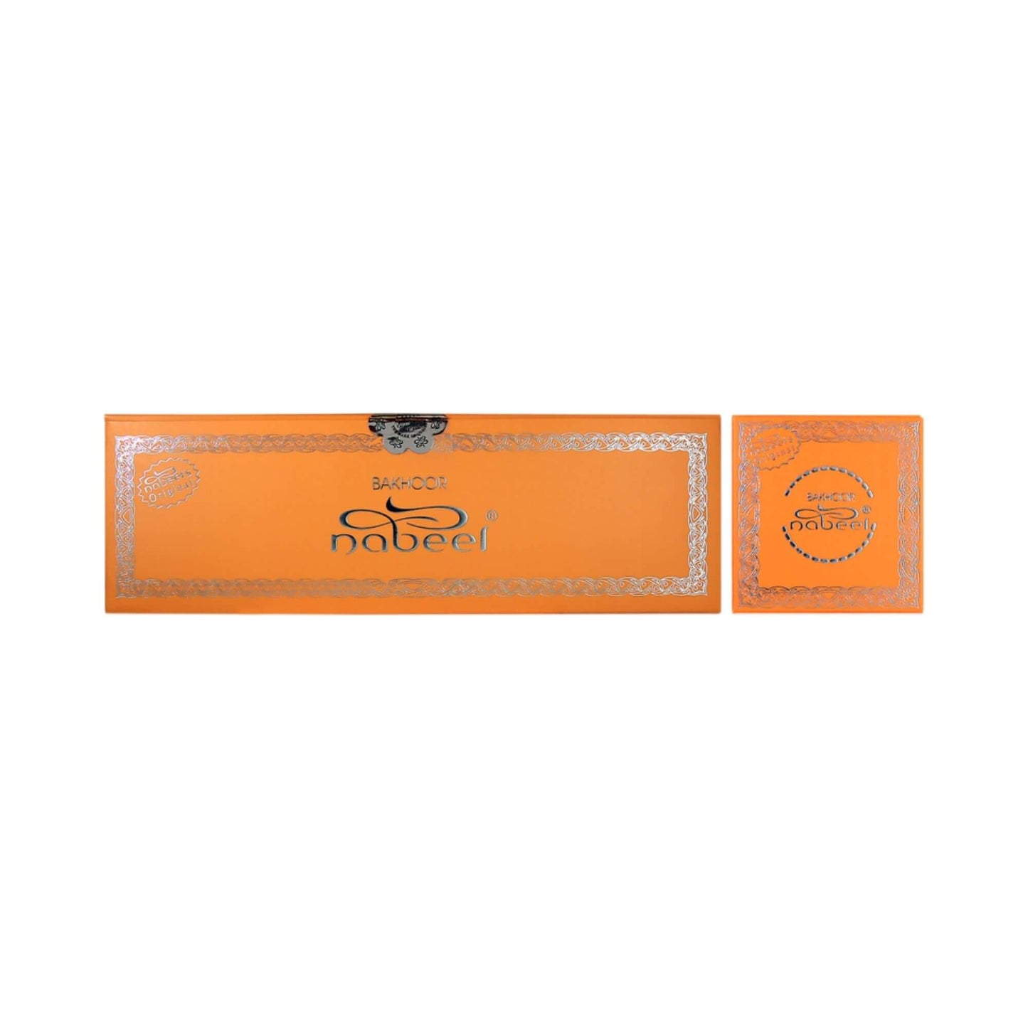 Orange incense box with 'Nabeel' branding on a white background.